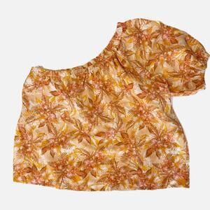 LOFT‎ Linen One Shoulder Top Large NWT Floral Puff Sleeve Blouse Coastal Vacay